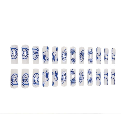 24 PCS Blue Butterfly Art, Long Length Long Water Pipe Fake Nails,Square Head Nail Tips False Nail