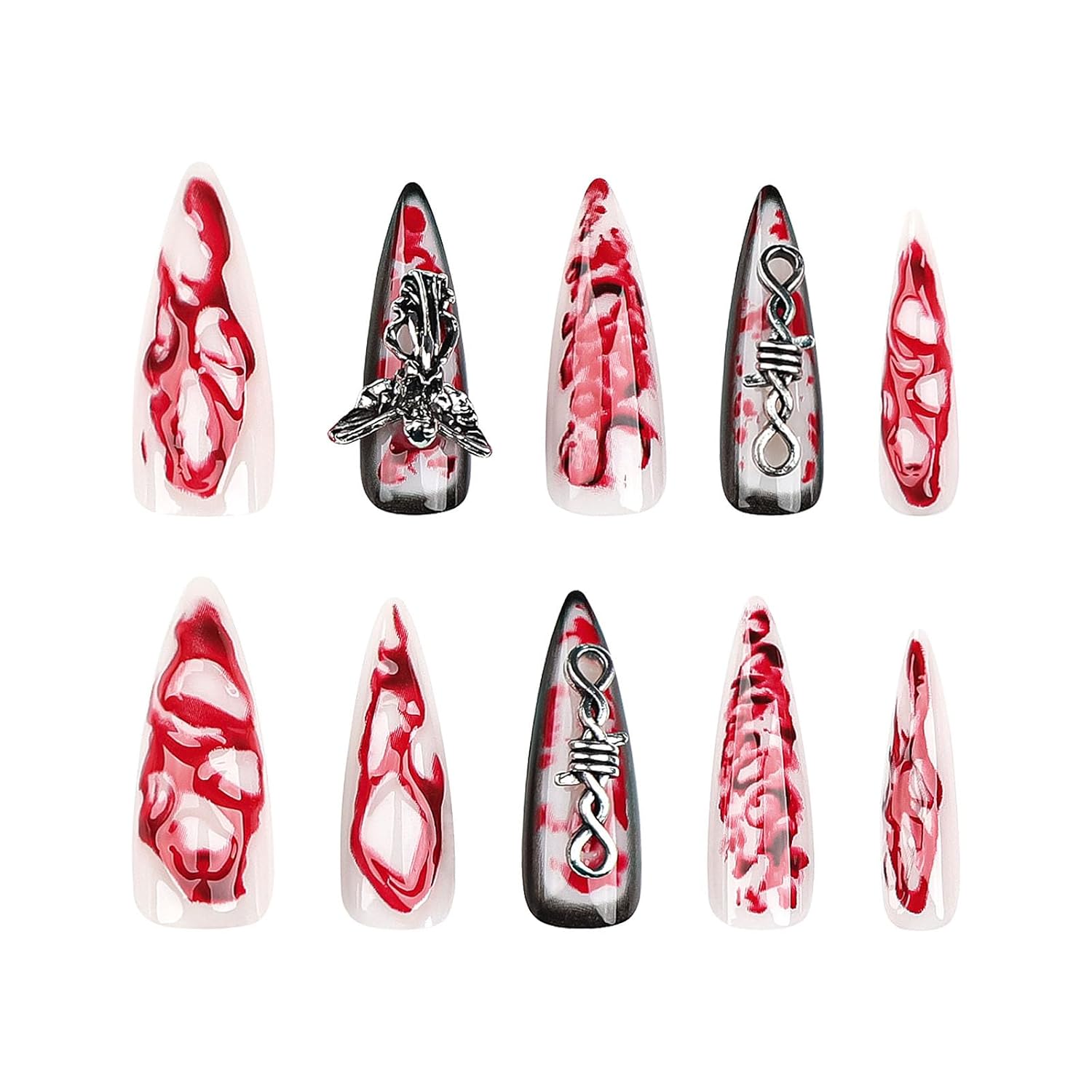 24 PCS Extra Long Teardrop-shaped Wearable Nail Art, Terrifying Angel Nail Art, 3D Blood-colored Fake Nails