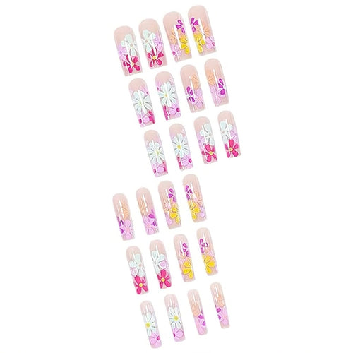 24 PCS Long Flat Flowers Nail Art, Long Length Long Water Pipe Fake Nails,Square Head Nail Tips False Nail