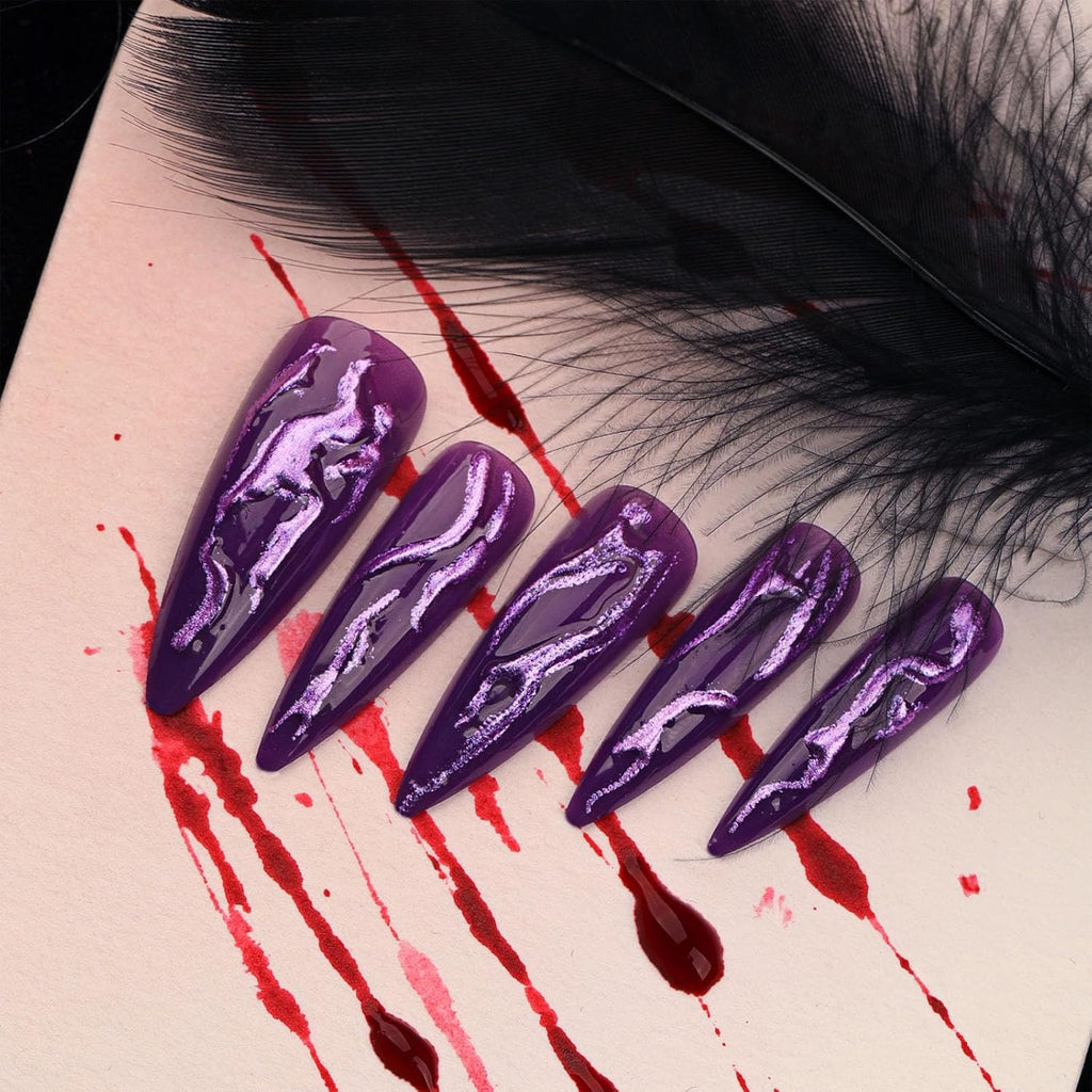 24 PCS Devil's Claws Press On Nails,3D Curve Line Acrylic False Nails, Long Stiletto Glossy Purple Glitter, Gel Glue On Nails Manicure Sparkly Stick Ons