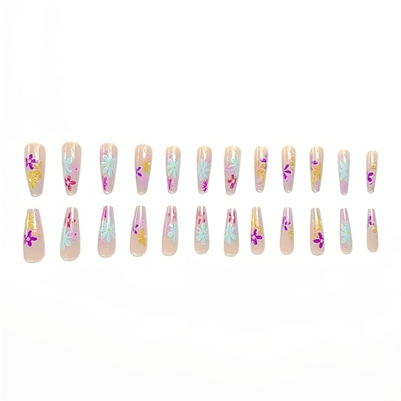 24 PCS Long Flat Flowers Nail Art, Long Length Long Water Pipe Fake Nails,Square Head Nail Tips False Nail